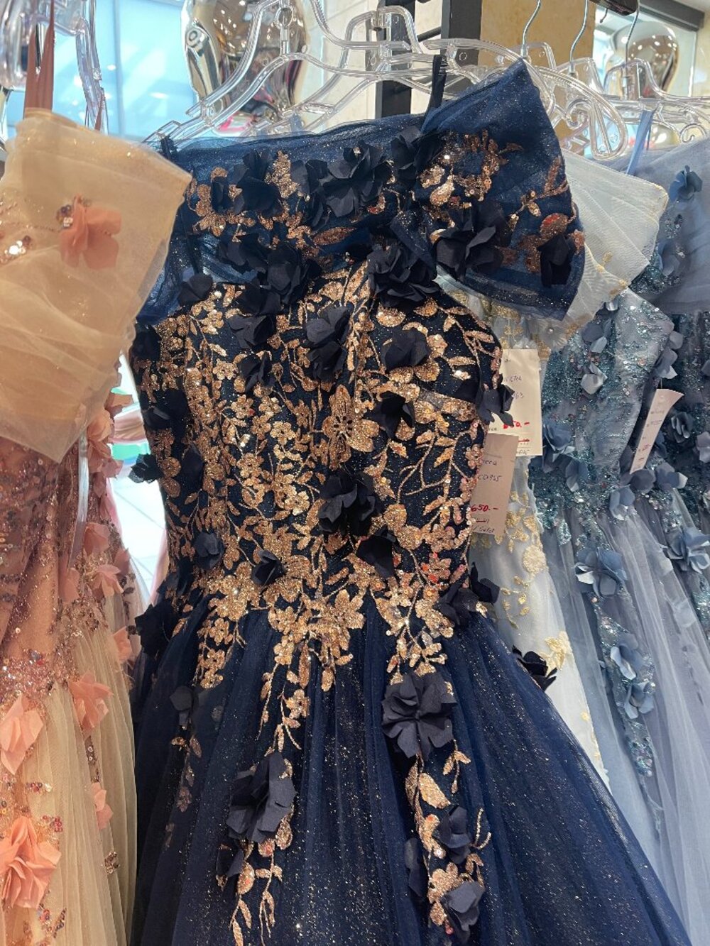 Navy Blue Glitter Ball Gown 3D Floral Sequin Evening Dress Quinceañera Prom Gala